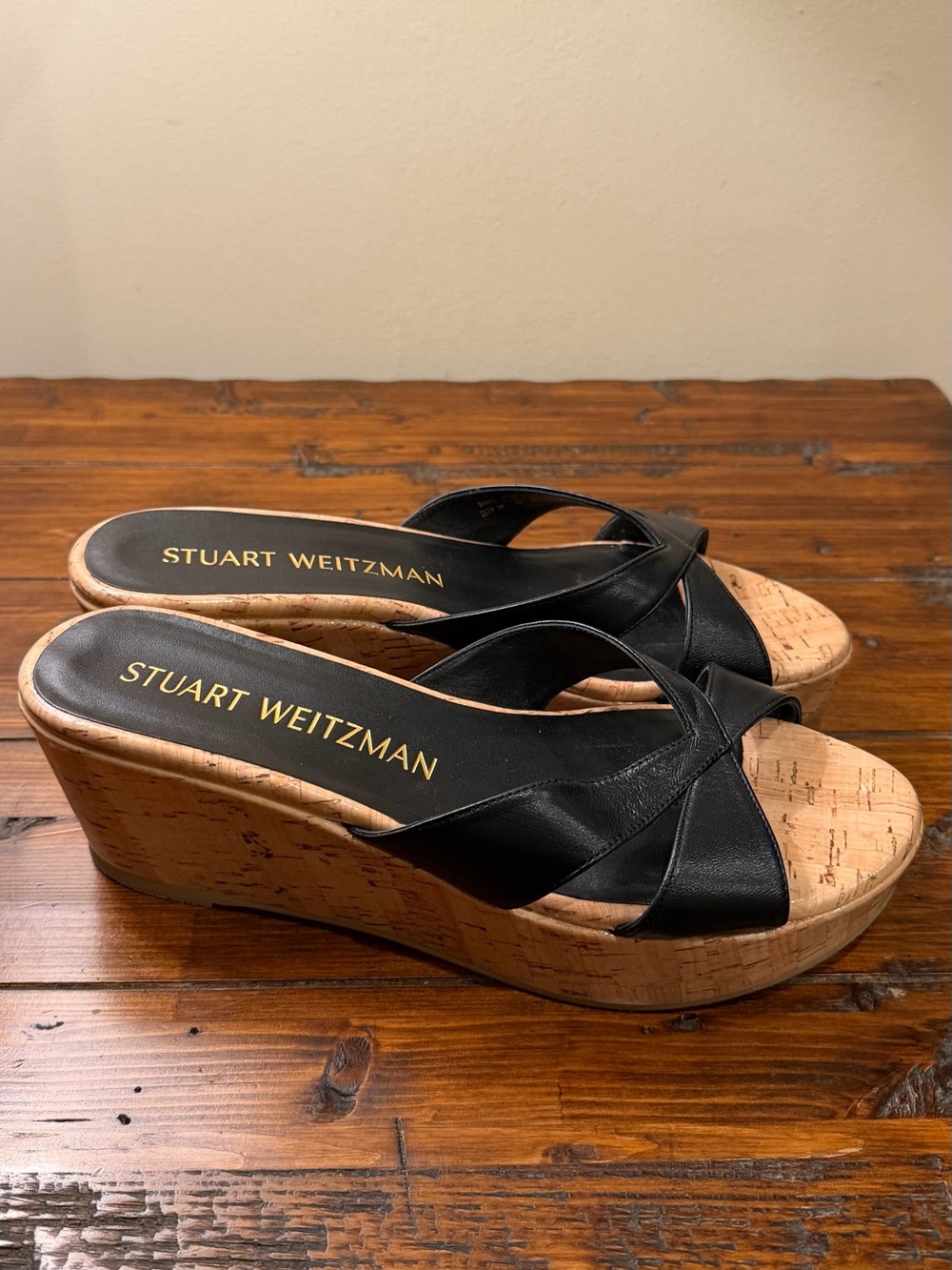 Stuart Weitzman Black Leather Cork Wedge Sandals